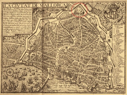 Plano de Palma de 1644 de Antonio Garau. El círculo rojo marca la situación de los restos encontrados. Wikipedia modificada por el autor